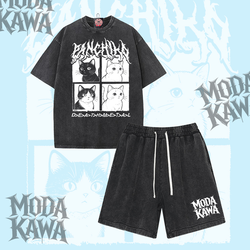 PANCHIKA Katzenmotiv Modakawa Vintage gewaschenes T-Shirt und Shorts Zweiteiliges Set - Black - 3XL - image 1