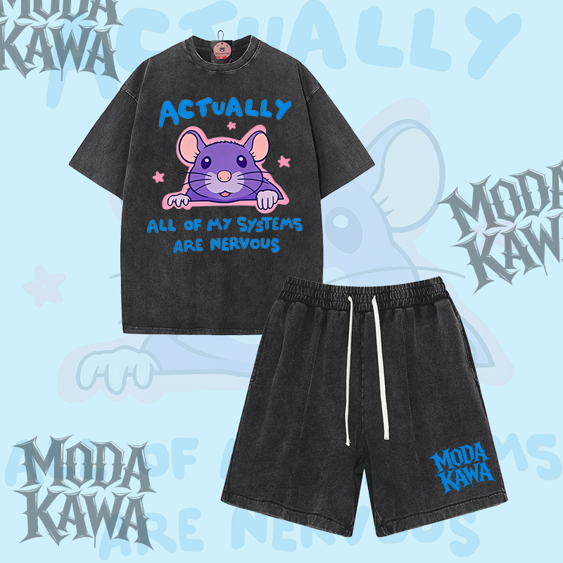 Tatsächlich nervöses Modakawa Vintage Washed T-Shirt Shorts Zweiteiliges Set mit Maus-Grafik - Black - 3XL - image 2