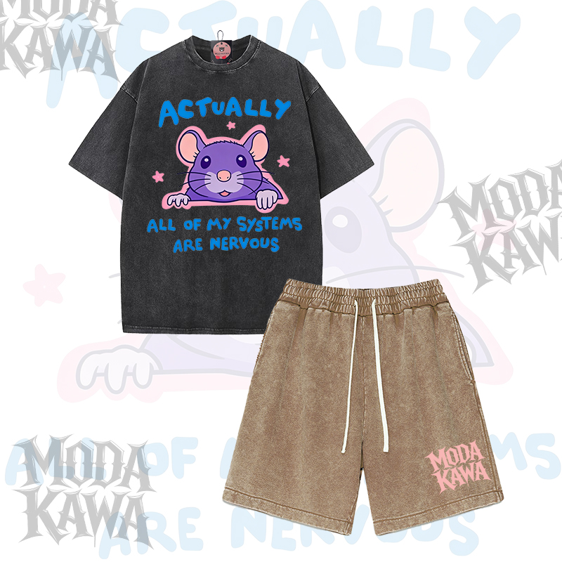 Tatsächlich nervöses Modakawa Vintage Washed T-Shirt Shorts Zweiteiliges Set mit Maus-Grafik - Black & Brown - 3XL - image 1