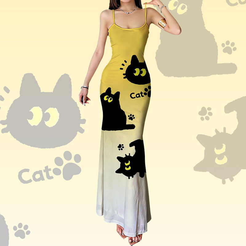 Modakawa-Kleid mit Farbverlauf und schwarzem Katzenmotiv - image 2