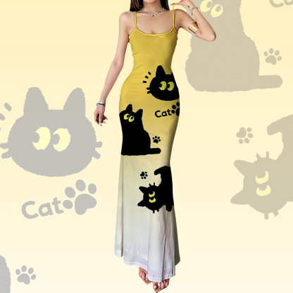Modakawa-Kleid mit Farbverlauf und schwarzem Katzenmotiv - image 2