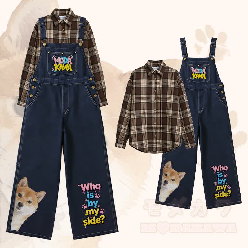 WHO IS BY MY SIDE Hunde-Grafik Polo-Shirt, weit geschnittene Jeans-Latzhose, Modakawa-Partnerlook - Satz B - XL - image 3