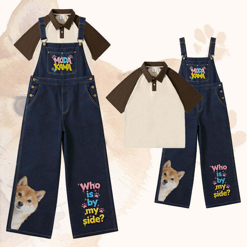 WHO IS BY MY SIDE Hunde-Grafik Polo-Shirt Weite Jeans-Latzhose Modakawa passendes Outfit - Set A - XL - image 1