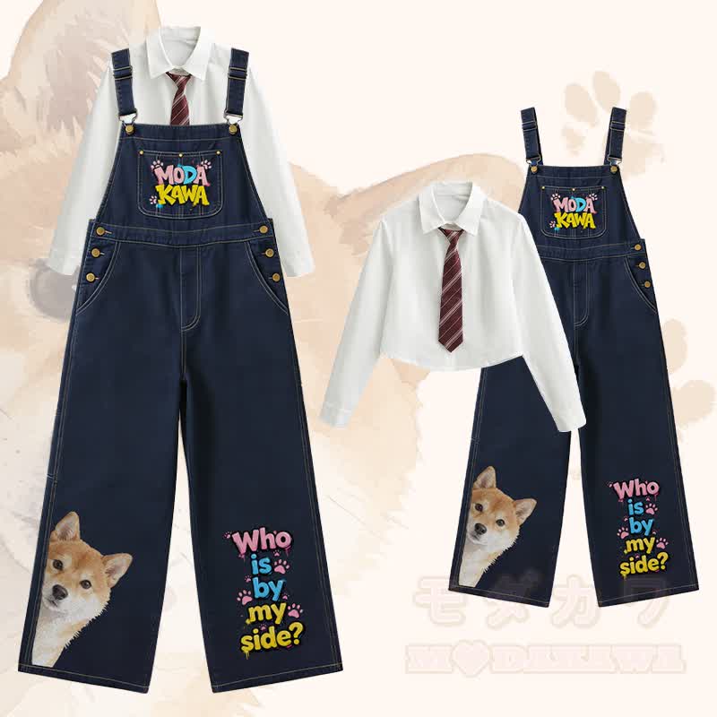 WHO IS BY MY SIDE Hunde-Grafik Polo-Shirt, weit geschnittene Jeans-Latzhose, Modakawa-Partnerlook - Satz C - XL - image 4