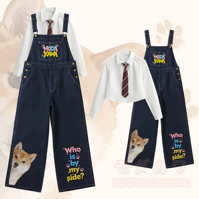 WHO IS BY MY SIDE Hunde-Grafik Polo-Shirt, weit geschnittene Jeans-Latzhose, Modakawa-Partnerlook - Satz C - XL - image 4