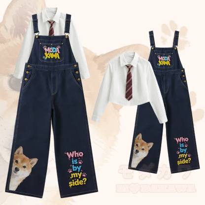 WHO IS BY MY SIDE Hunde-Grafik Polo-Shirt, weit geschnittene Jeans-Latzhose, Modakawa-Partnerlook - Satz C - XL - image 4