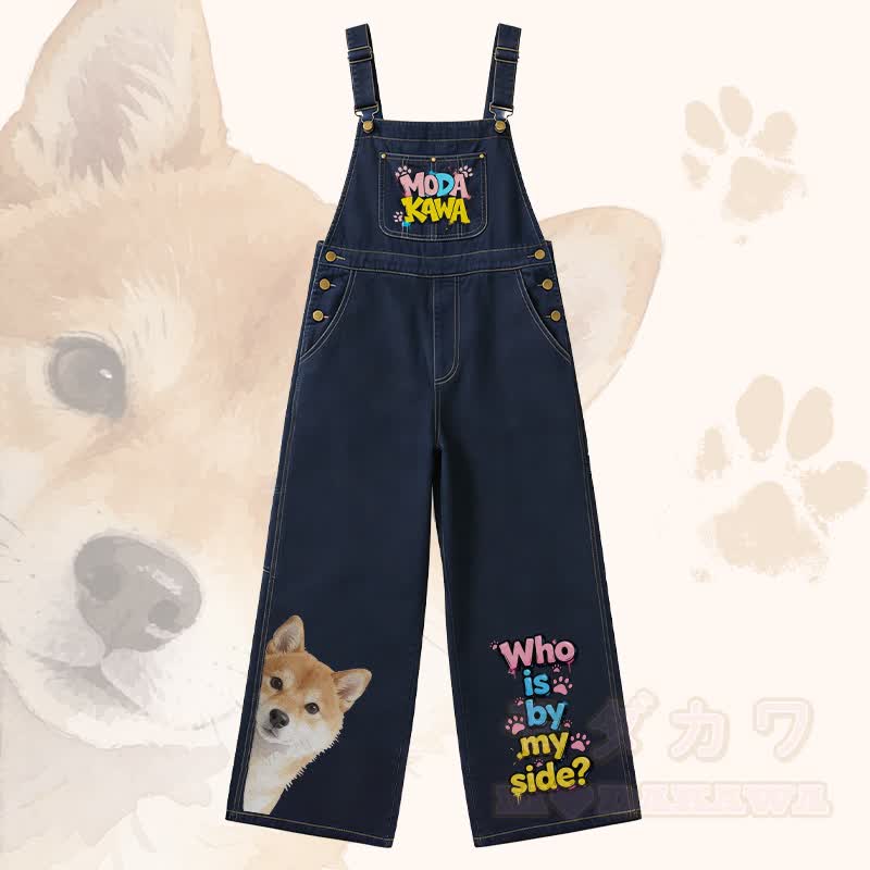 WHO IS BY MY SIDE Hunde-Grafik Polo-Shirt, weit geschnittene Jeans-Latzhose, Modakawa-Partnerlook - Overall - XL - image 5