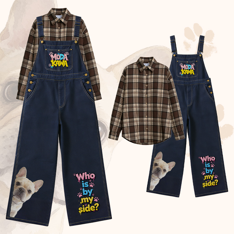 WER IST AN MEINER SEITE? Bulldoggen-Grafik-Karohemd, weit geschnittene Jeans-Latzhose, passendes Outfit von Modakawa - Set A - XL - image 1