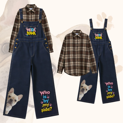 WER IST AN MEINER SEITE? Bulldoggen-Grafik-Karohemd, weit geschnittene Jeans-Latzhose, passendes Outfit von Modakawa - Set A - XL - image 1
