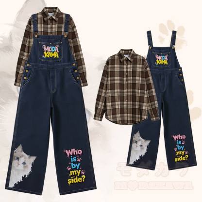 WHO IS BY MY SIDE Katzen-Poloshirt mit weitem Bein, Jeans-Latzhose, passendes Outfit von Modakawa - Satz B - XL - image 3