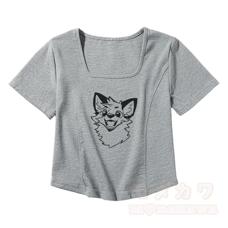 MODAKAWA X atka Lustiges Fuchs-T-Shirt mit eckigem Ausschnitt, Gürtel und passendem Faltenrock - Graues T-Shirt - 2XL - image 3