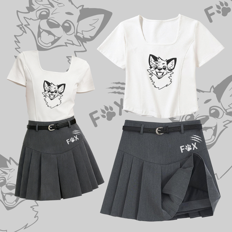 MODAKAWA X atka Lustiges Fuchs-T-Shirt mit eckigem Ausschnitt, Gürtel und passendem Faltenrock - Set B - 2XL - image 2