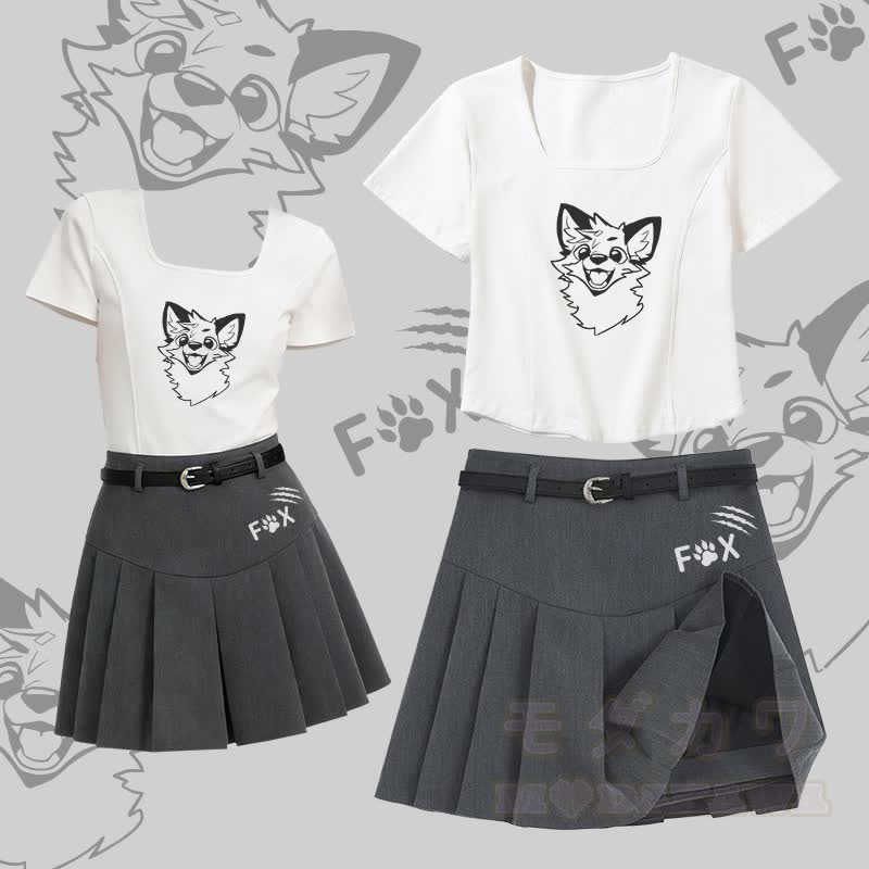 MODAKAWA X atka Lustiges Fuchs-T-Shirt mit eckigem Ausschnitt, Gürtel und passendem Faltenrock - Satz B - 2XL - image 2