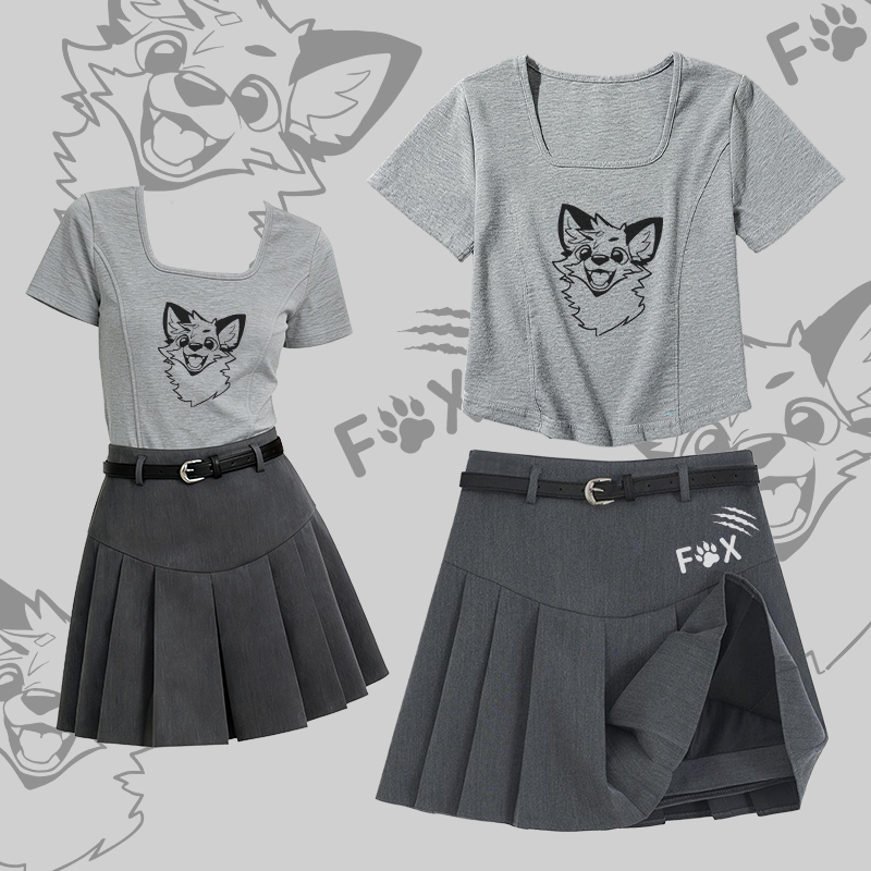 MODAKAWA X atka Lustiges Fuchs-T-Shirt mit eckigem Ausschnitt, Gürtel und passendem Faltenrock - Set A - 2XL - image 1