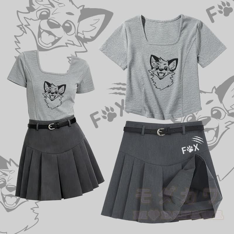 MODAKAWA X atka Lustiges Fuchs-T-Shirt mit eckigem Ausschnitt, Gürtel und passendem Faltenrock - Satz A - 2XL - image 1