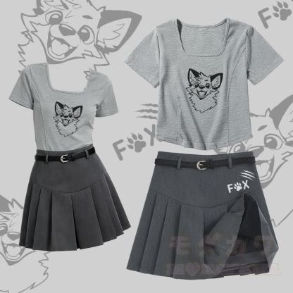 MODAKAWA X atka Lustiges Fuchs-T-Shirt mit eckigem Ausschnitt, Gürtel und passendem Faltenrock - Satz A - 2XL - image 1