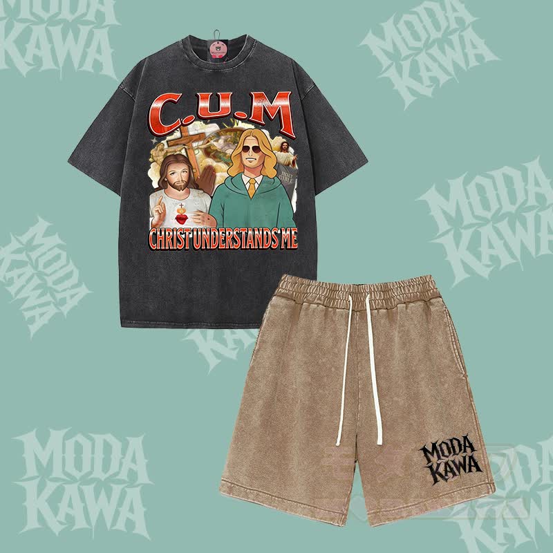Modakawa Vintage Washed T-Shirt Shorts Zweiteiliges Set mit Charaktergrafik - Schwarz & Braun - 3XL - image 2