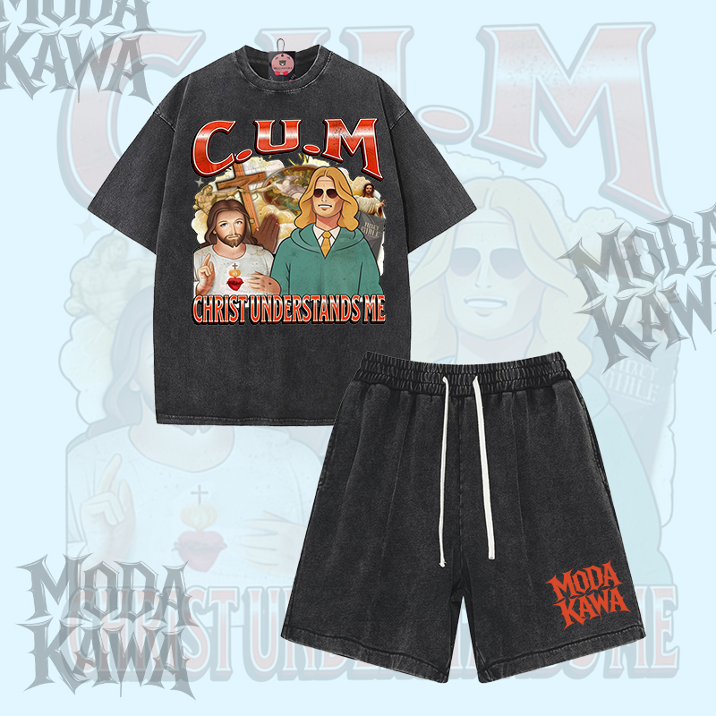 Modakawa Vintage Washed T-Shirt Shorts Zweiteiliges Set mit Charaktergrafik - Black - 3XL - image 1