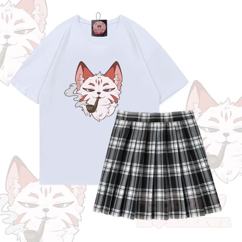 Zweiteiliges Set von Modakawa: T-Shirt mit Raucher-Fuchs-Motiv aus 100 % Baumwolle, karierter Rock - Weiß & Schwarz - 5XL - image 2