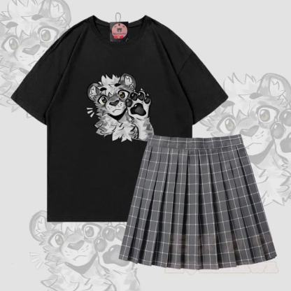 MODAKAWA X atka Tiger Paw Graphic 100% Baumwoll-T-Shirt und karierter Rock Zweiteiliges Set - Satz B - 5XL - image 2
