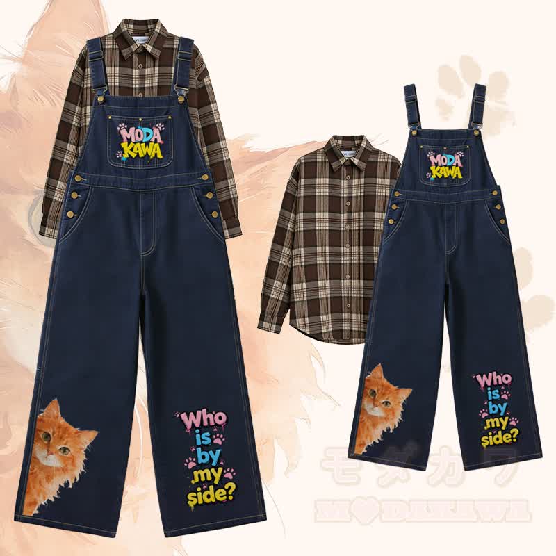 WER IST AN MEINER SEITE? Orangefarbenes kariertes Hemd mit Katzenmotiv, weit geschnittene Jeans-Latzhose, passendes Outfit von Modakawa - Satz A - XL - image 1