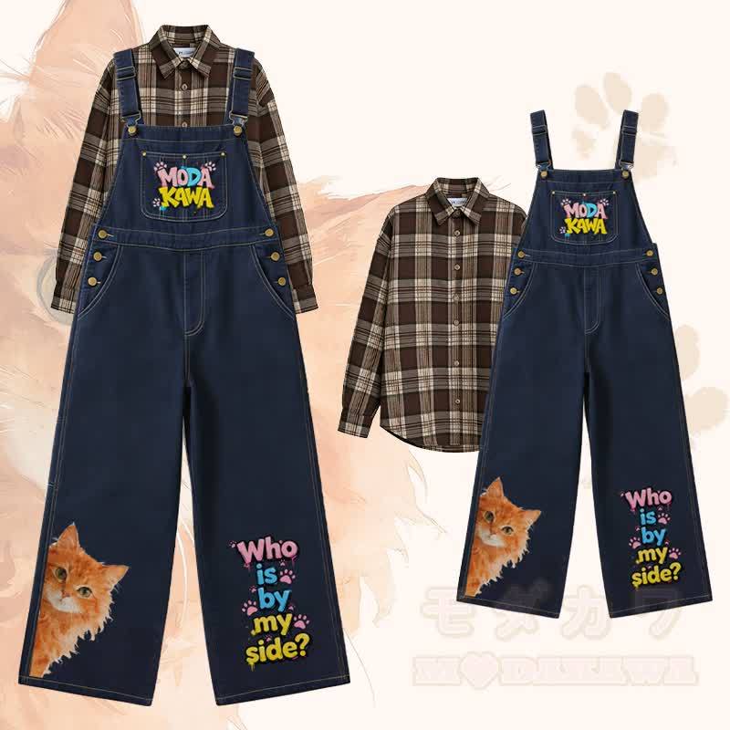 WER IST AN MEINER SEITE? Orangefarbenes kariertes Hemd mit Katzenmotiv, weit geschnittene Jeans-Latzhose, passendes Outfit von Modakawa - Satz A - XL - image 1