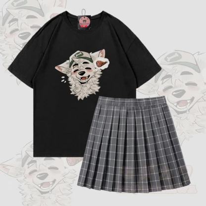 MODAKAWA X atka Fox Graphic 100% Baumwolle T-Shirt und karierter Rock Zweiteiliges Set - Satz B - 5XL - image 2