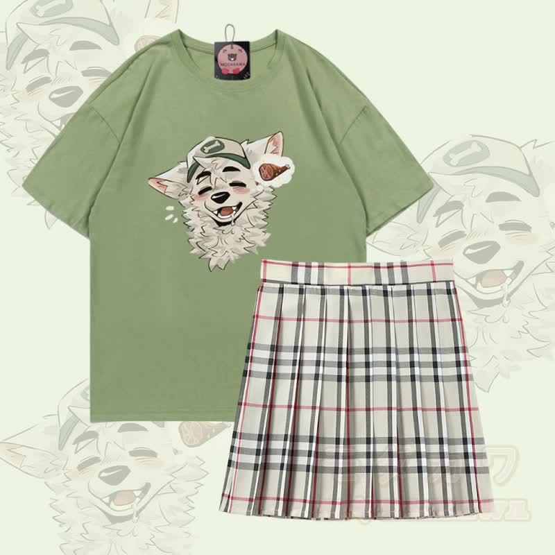 MODAKAWA X atka Fox Graphic 100% Baumwolle T-Shirt und karierter Rock Zweiteiliges Set - Satz A - 5XL - image 1