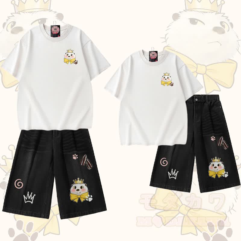 Biber-Grafik Modakawa Vintage Washed T-Shirt Jeansshorts passendes Outfit - Weißes T-Shirt + schwarze Shorts - 3XL - image 1