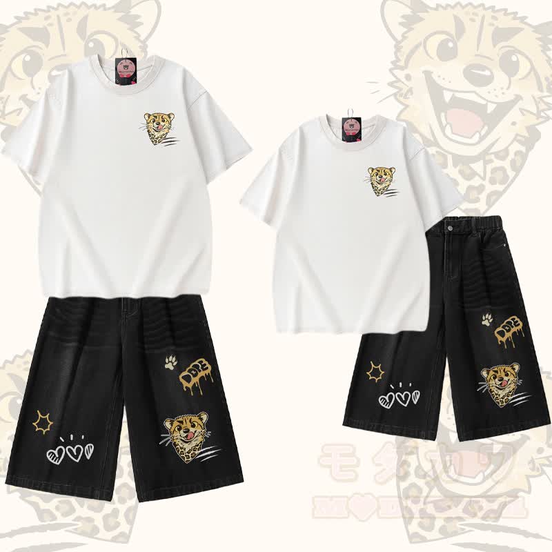 Modakawa Vintage-T-Shirt mit Leopardenmuster und passenden Jeansshorts - Weißes T-Shirt + schwarze Shorts - 3XL - image 1