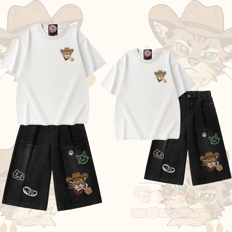 Modakawa Vintage-T-Shirt mit Katzenmotiv und passenden Jeansshorts - Weißes T-Shirt + schwarze Shorts - 3XL - image 1