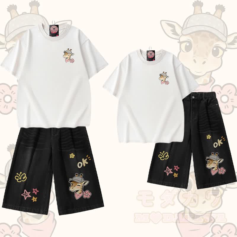 Giraffen-Modakawa Vintage-T-Shirt, Jeansshorts, passendes Outfit - Weißes T-Shirt + schwarze Shorts - 3XL - image 1