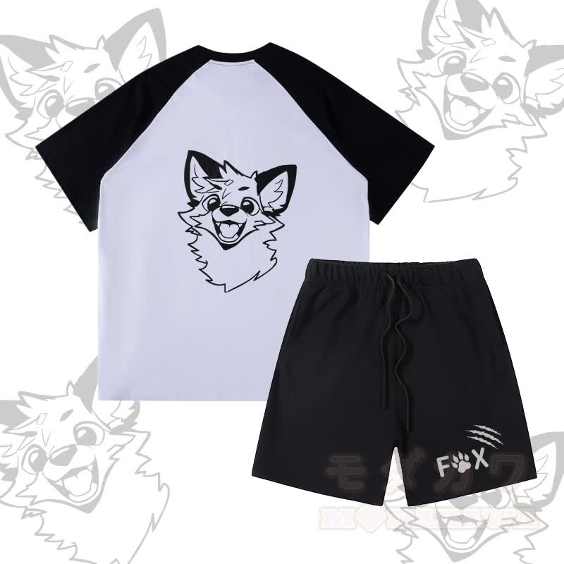 MODAKAWA X atka Happy Fox Graphic Farben Block Pocket T-Shirt Shorts passendes Outfit - Satz B - XL - image 2