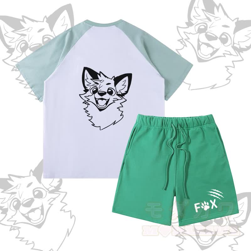 MODAKAWA X atka Happy Fox Graphic Farben Block Pocket T-Shirt Shorts passendes Outfit - Satz A - XL - image 1