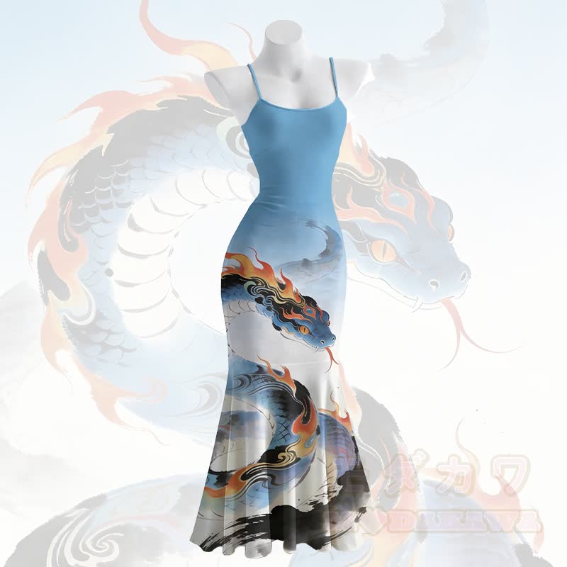 Maxikleid im Meerjungfrauenstil mit Flammen- und Schlangenmuster und Spaghettiträgern - Blau - 5XL - image 2