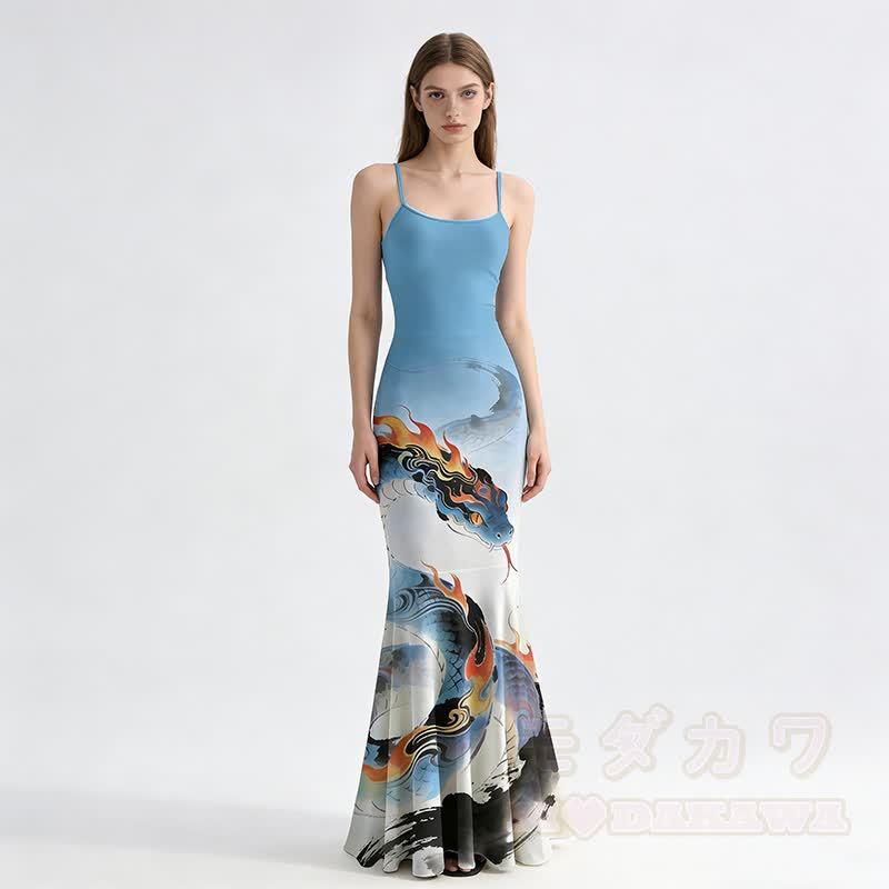 Maxikleid im Meerjungfrauenstil mit Flammen- und Schlangenmuster und Spaghettiträgern - image 1