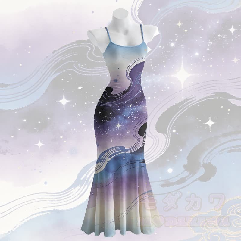 Maxikleid im Meerjungfrauenstil mit Galaxien-Grafik und Spaghettiträgern - image 1