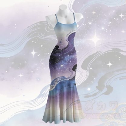 Maxikleid im Meerjungfrauenstil mit Galaxien-Grafik und Spaghettiträgern - image 1
