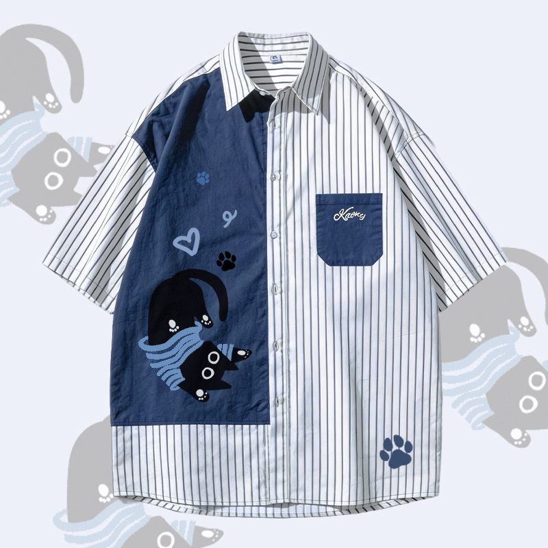 Modakawa Oversize-Hemd mit verspieltem schwarzem Katzenmotiv und Farben - Blue - 3XL - image 2