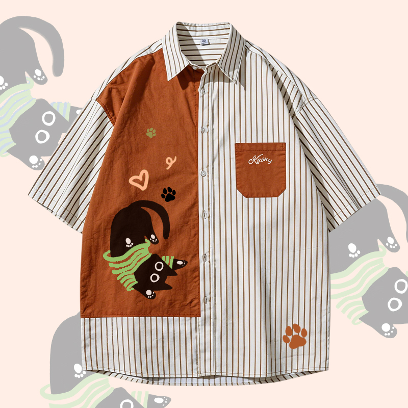 Modakawa Oversize-Hemd mit verspieltem schwarzem Katzenmotiv und Farben - Brown - 3XL - image 1