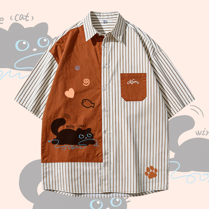 WIRE CAT Schwarzes Katzen-Grafik-Modakawa- Farben -Oversize-Shirt - Brown - 3XL - image 2