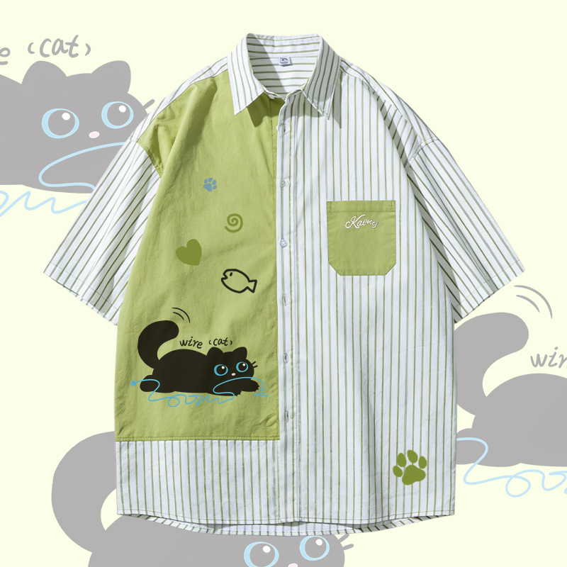WIRE CAT Schwarzes Katzen-Grafik-Modakawa- Farben -Oversize-Shirt - Green - 3XL - image 1