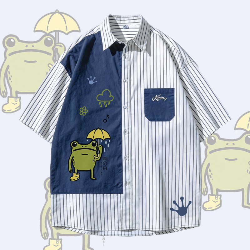 Rainy Frog Graphic Modakawa Farben Block Stripe Oversized Shirt - Blue - 3XL - image 2