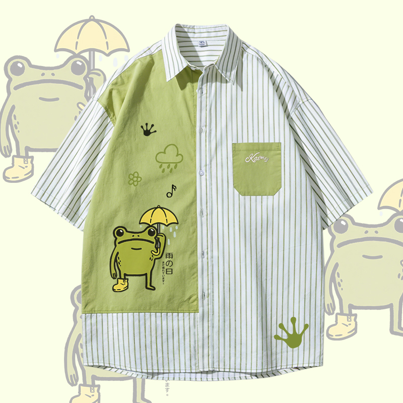 Rainy Frog Graphic Modakawa Farben Block Stripe Oversized Shirt - Green - 3XL - image 1