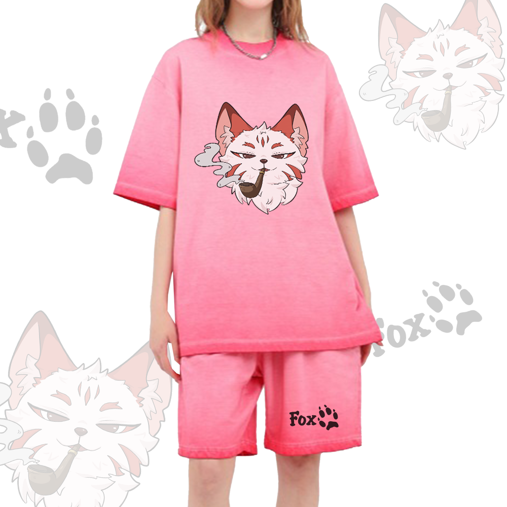 Smoking Fox Grafik Vintage Washed T-Shirt, FOX Buchstaben Grafik Shorts, Modakawa Gradient Zweiteiliges Set - image 2