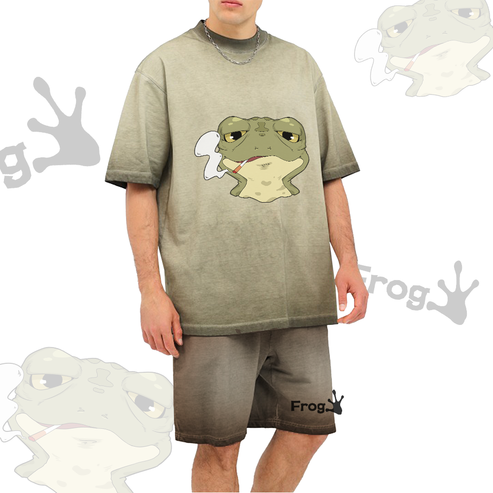 Smoking Frog Grafik-T-Shirt im Vintage-Look, FROG Buchstaben-Grafik-Shorts, Modakawa Farbverlauf-Zweiteiler - image 2