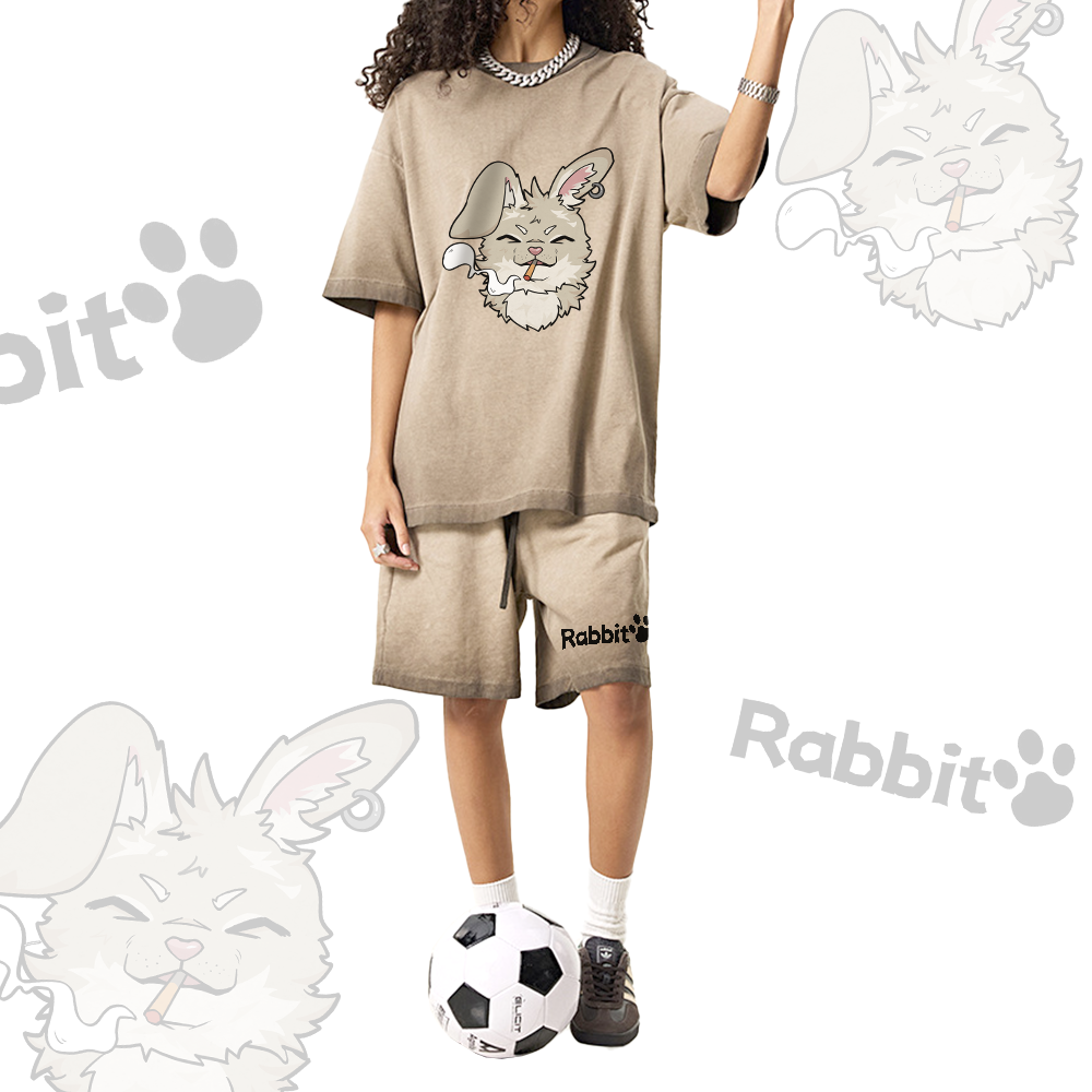 Nabi Smoking Bunny Grafik Vintage Washed T-Shirt RABBIT Buchstaben Grafik Shorts Modakawa Gradient Zweiteiliges Set - image 2