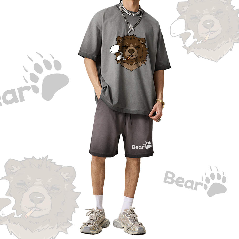 Smoking Bear Grafik Vintage Washed T-Shirt, BEAR Buchstaben Grafik Shorts, Modakawa Gradient Zweiteiliges Set - image 4