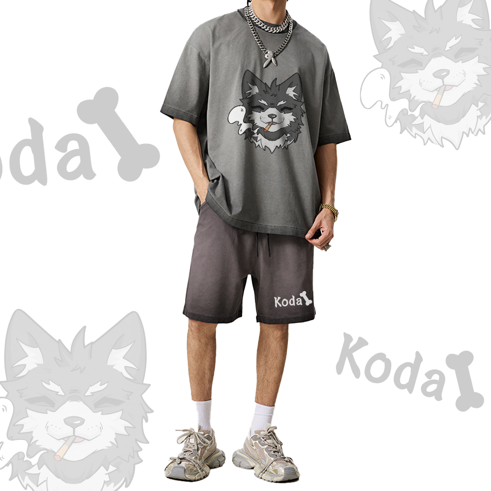 Koda Smoking Puppy Grafik Vintage Washed T-Shirt, KODA Buchstaben Grafik Shorts, Modakawa Gradient Zweiteiliges Set - image 2