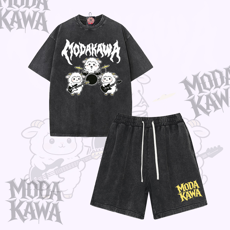 ECHIKAWA Lamb Band Graphic Modakawa Vintage Washed T-Shirt Shorts Zweiteiliges Set - Black - 3XL - image 2